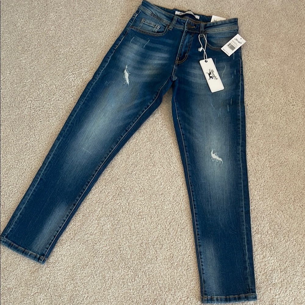 Blue Slim Straight Jeans with Subtle Distressing